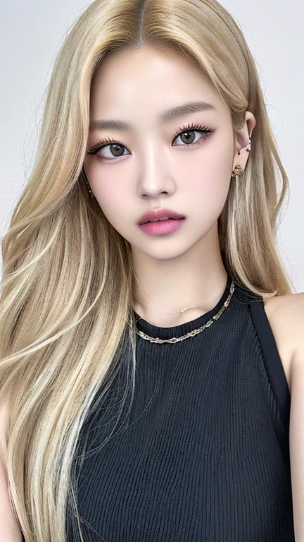 A closeup of a woman with long blonde hair wearing a black top, lalisa manobal, with long hair and piercing eyes, ulzzang, portrait of Kim Petras, portrait of jossi de blackpink, jossi de blackpink, long blonde hair and big eyes, South Korean popular makeup, Lalisa Manoban of Blackpink, roseanne park by blackpink