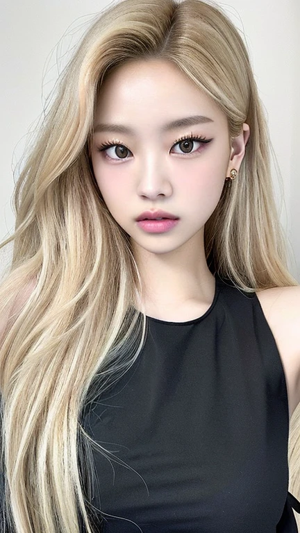 A closeup of a woman with long blonde hair wearing a black top, lalisa manobal, with long hair and piercing eyes, ulzzang, portrait of Kim Petras, portrait of jossi de blackpink, jossi de blackpink, long blonde hair and big eyes, South Korean popular makeup, Lalisa Manoban of Blackpink, roseanne park by blackpink