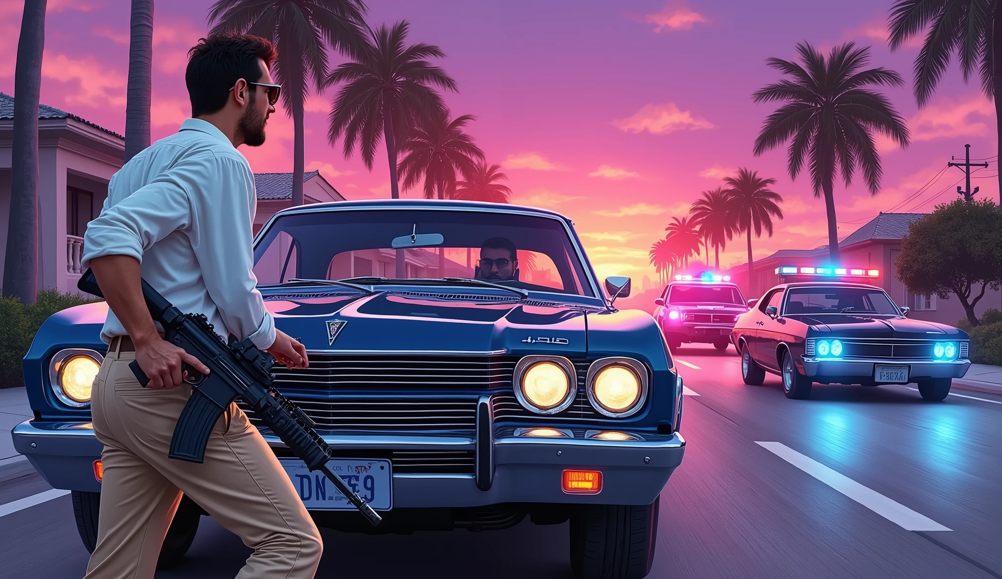Estilo GTA V artwork, A man in a white shirt and beige pants holds an M416 while hiding behind a vintage 70s car, Police cars approach in the background, Miami suburbs, shades of purple and pink, Realistic colorful illustration, award-winning illustration in color, (Complicated Detail), (fine-details)