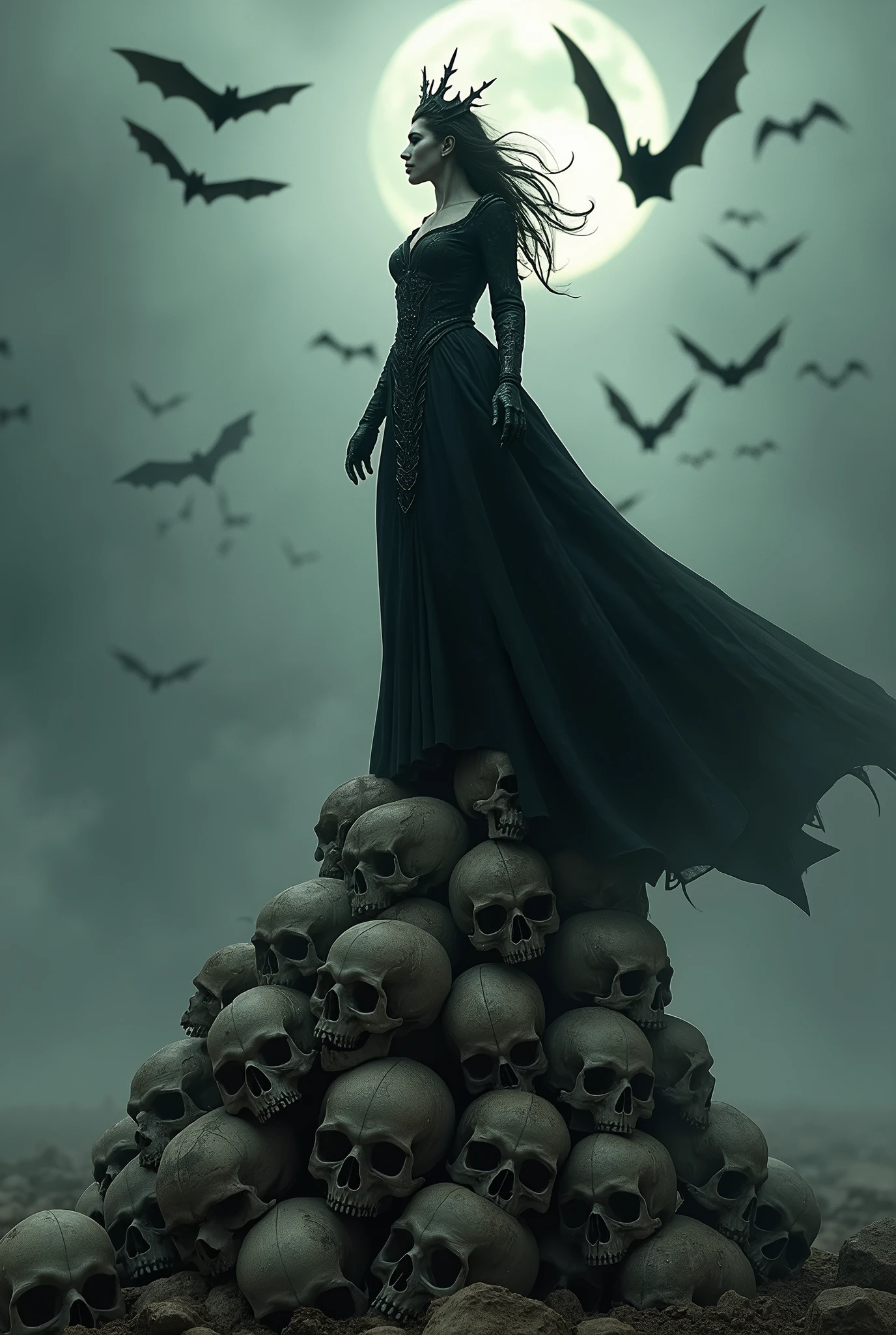 A full-body depiction of a stunning and powerful vampire queen standing triumphantly on a pile of weathered skulls. Bats swarm around her, their wings blurring into the moody background. The scene is rendered in a style that combines the dark, epic energy of Frank Frazetta with the hyper-realistic and intricately detailed approach of modern masters like Greg Rutkowski, Beeple, Beksinski, and Giger. The artwork should be incredibly detailed, with an 8K resolution, capturing every nuance of her figure, the skulls, and the bats. The composition is perfect, with soft, natural, volumetric light that enhances the chiaroscuro effect, creating a cinematic atmosphere. The texture and shading should evoke a sense of majesty and power, blending photorealism with the fantastical, trending on ArtStation for its sheer impact and artistry.