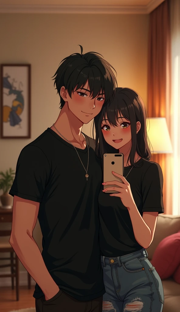 Create an image of a 21-year-old anime boy and his 21-year-old sister taking a mirror selfie together. The boy, dressed in a modern plane (without text) black shirt, stands confidently beside his sister, who is wearing a black t-shirt (without text) with a playful and cheerful expression. They are both facing the mirror, with the sister holding the 'phone' to capture the moment. The background is a stylish, well-lit room, reflecting their close sibling bond and the fun, relaxed atmosphere of the scene.