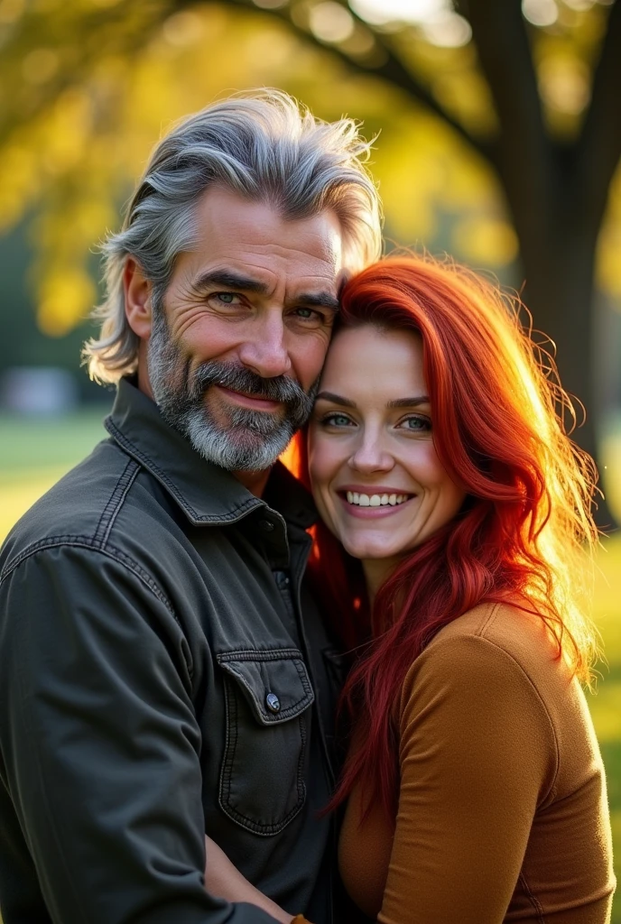 Couple formed by a man with gray hair and blue eyes and a red-haired woman with black eyes