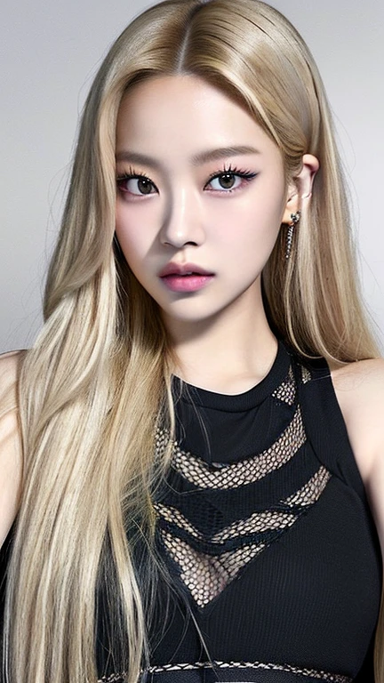 A closeup of a woman with long blonde hair wearing a black top, lalisa manobal, with long hair and piercing eyes, ulzzang, portrait of Kim Petras, portrait of jossi de blackpink, jossi de blackpink, long blonde hair and big eyes, South Korean popular makeup, Lalisa Manoban of Blackpink, roseanne park by blackpink