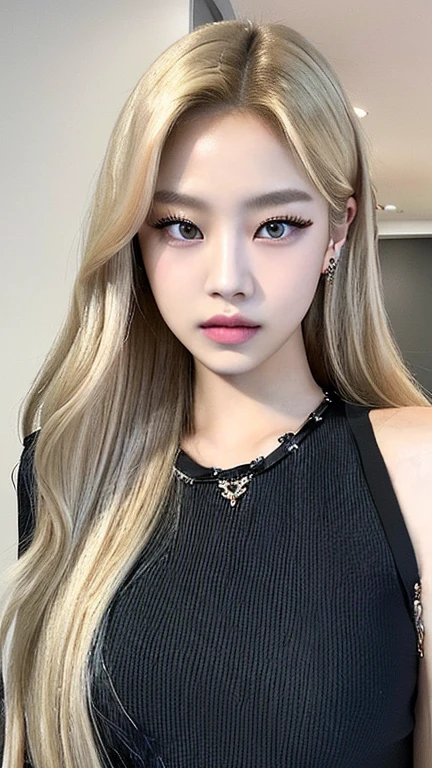 A closeup of a woman with long blonde hair wearing a black top, lalisa manobal, with long hair and piercing eyes, ulzzang, portrait of Kim Petras, portrait of jossi de blackpink, jossi de blackpink, long blonde hair and big eyes, South Korean popular makeup, Lalisa Manoban of Blackpink, roseanne park by blackpink