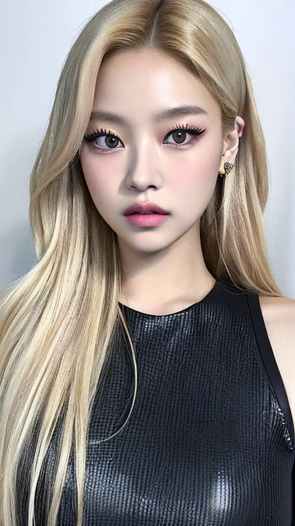 A closeup of a woman with long blonde hair wearing a black top, lalisa manobal, with long hair and piercing eyes, ulzzang, portrait of Kim Petras, portrait of jossi de blackpink, jossi de blackpink, long blonde hair and big eyes, South Korean popular makeup, Lalisa Manoban of Blackpink, roseanne park by blackpink