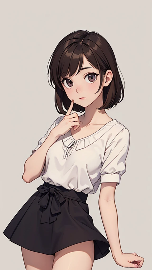 (((masterpiece, best quality, ultra highres, 1 girl, solo, no background))), super detailed skin and face and eyes and finger, beautiful japanese woman, small breasts:1.5, skinny, light brown hair, very short pixie hair, cowboy shot, The background should be simple, outline, anime, 2d, boyish, expressionless, cartoon, mini skirt dress,