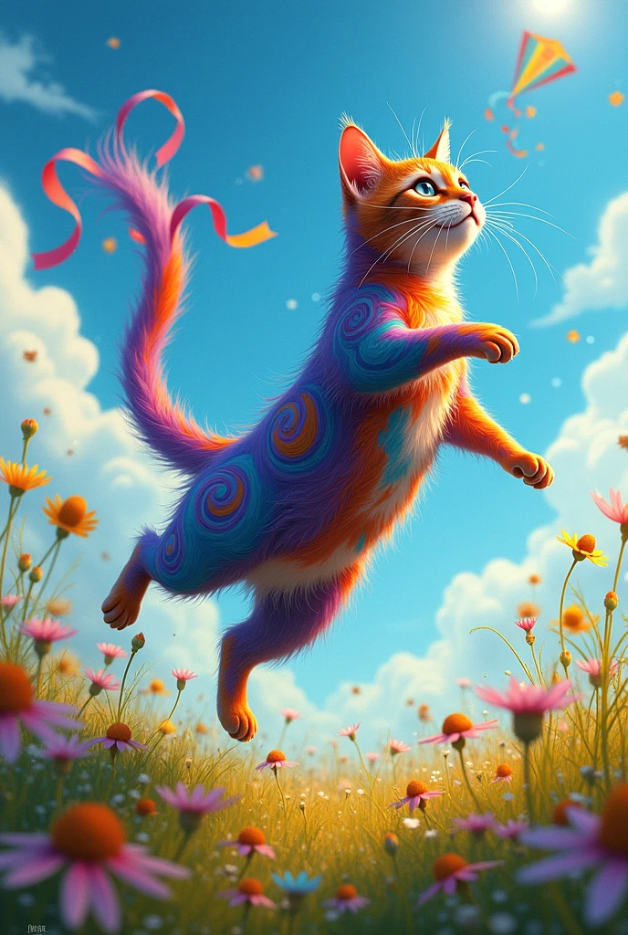 A cat with colorful fur and a kite tail 