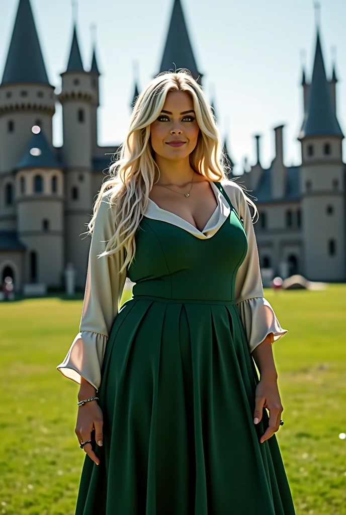 A woman with natural platinum blonde hair and two-tone eyes (left blue-gray right lilac) your body was : big ass and breasts a thick thigh and a thin waist she was wearing the Slytherin uniform and was on the Hogwarts grounds