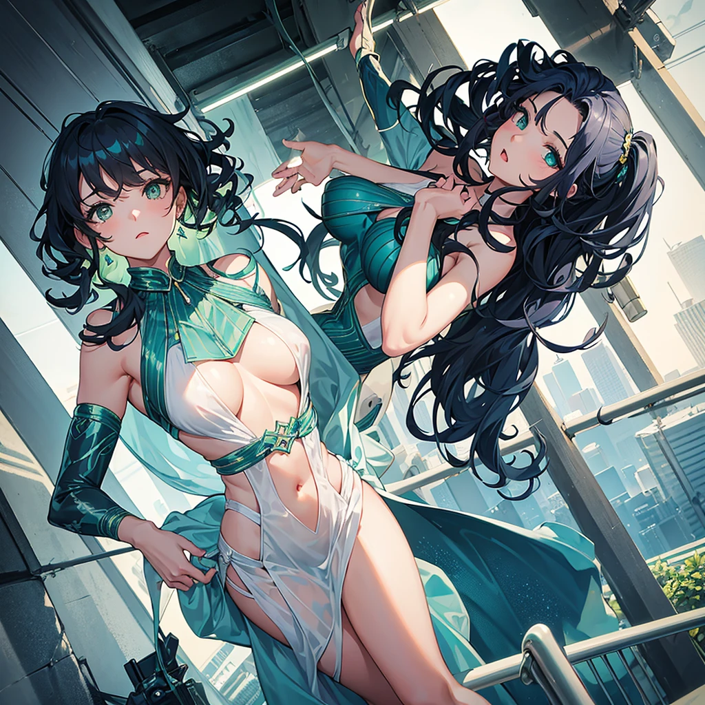 A girl with curly navy blue hair, her green eyes, bigger chest for a 16 year old girl, the figure of a gymnast, White skin, a green dress with blue, frightened, in a city at night