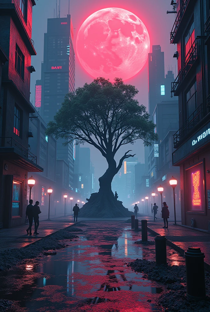 Vertical digital illustration surreal and visionary art mixed sci-fi terror cosmic comics, to wide angle city buildings with carbon fiber , multidimensional creatures based carbon fiber life, the city It feeds on blood, neon lights, post apocalyptic, multichromatic, devil creatures, Encapsulated nature, tree inside a glass capsule, blood moon Vanishing , capsules_ blood biobattery, unified theory, hr giger, frank Frasetta, Alex Gray, dark psychodelic, vivid color, depth of fie, motors, wires, buttons, lcd, artstation trending, unreal engine 5