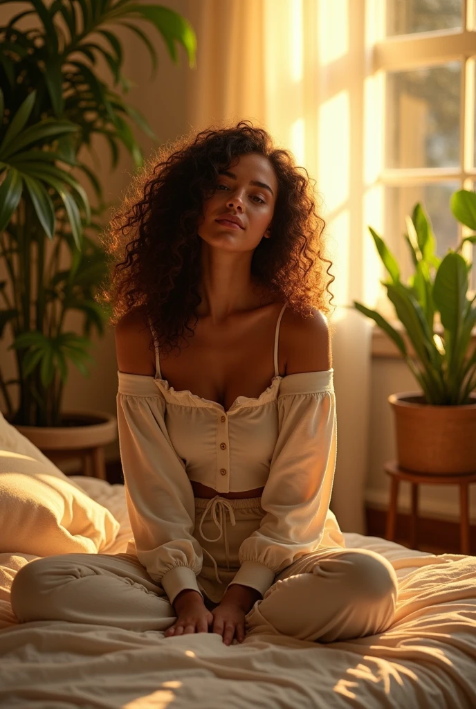 (photorealism:1.2), beautiful woman, sitting on bed, wearing loose off-shoulder top, pajama pants, long curly hair, indoors, soft lighting, plants in background, window with sunlight, cozy room, relaxed pose, realistic, intricate details, warm colors, by Greg Rutkowski, by Alphonse Mucha