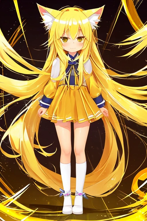 1 pony, long soft straight yellow hair, cat ears, hair covering face and eyes, straight face, cat cutie mark, long straight yellow tail, butterscotch skin color 