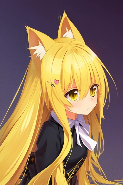 1 pony, long soft straight yellow hair, cat ears, hair covering face and eyes, straight face, cat cutie mark, long straight yellow tail, butterscotch skin color