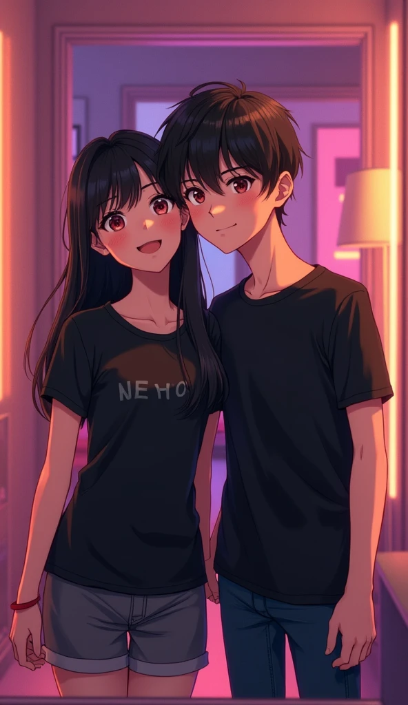 Create an image of a thin (both) 21-year-old anime boy and his 21-year-old sister taking a mirror selfie together. The boy, dressed in a modern plane (without text) black shirt, stands confidently beside his sister, who is wearing a black t-shirt (without text) with a playful and cheerful expression. They are both facing the mirror, with the sister holding the 'phone' to capture the moment. The background is a stylish, well-lit room, reflecting their close sibling bond and the fun, relaxed atmosphere of the scene.