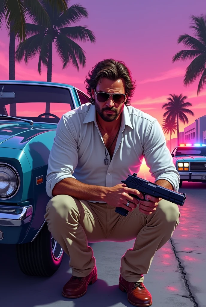 Estilo GTA V artwork, A man wearing a white shirt and beige pants holds a 9mm pistol while hiding behind a vintage 70s car., Police cars approach in the background, Miami suburbs, shades of purple and pink, colorful illustration