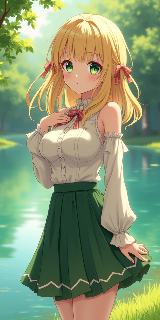 (best quality, ultra-detailed, photorealistic: 1.39), bright and vibrant colors, studio lighting, romantic expression, An effeminate girl, with a delicate and beautiful face. a beautiful passionate woman, with sparkling green eyes, voluminous blonde hair, medium breasts, wearing a beautiful blouse, high collar, sleeveless, pleated skirt, plaid socks, she is in the park, lake and trees completes the scene, she is in a beautiful pose showing your love, she is in love, anime style, Anime Bishoujo