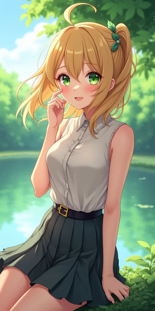 (best quality, ultra-detailed, photorealistic: 1.39), bright and vibrant colors, studio lighting, romantic expression, An effeminate girl, with a delicate and beautiful face. a beautiful passionate woman, with sparkling green eyes, voluminous blonde hair, medium breasts, wearing a beautiful blouse, high collar, sleeveless, pleated skirt, plaid socks, she is in the park, lake and trees completes the scene, she is in a beautiful pose showing your love, she is in love, anime style, Anime Bishoujo