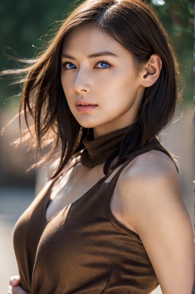Realistic, 8k,Male Gorilla,Super muscular body, Women with fearless features(Lifelike face), Super muscular and macho woman, Brown-haired Helly Shorthair, Super muscular macho man in brown pants and protectors,masterpiece、8k resolution、Fantasy art、Ultra-high resolution,,Mr..々tracing,charm,sexly,Rich colors, Backlight, Cinema Lighting, Film Grain, to be born, 50mm lens, Nikon D850,German Woman,Blue eyes,Arafed is tracing a picture of a woman wearing brown armor,