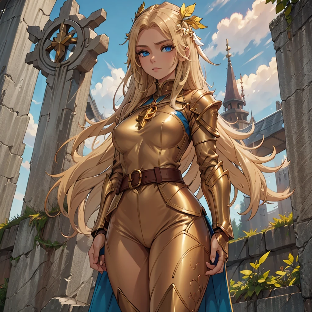 A full-body portrait of a young woman in anime style, with long, light blonde hair, framed by a white mantle adorned with golden details. She has intense blue eyes and wears a form-fitting blue armor with intricate engravings of leaves and flowers, and golden metal pieces covering her shoulders and arms. A dark brown leather belt with metallic buckles secures her armor at the waist. She wears brown leather boots, standing in a dynamic action pose. A cross-shaped pendant adorns her chest. The background features a blue sky with fluffy clouds, highlighting her majestic and noble appearance, visible from head to toe.