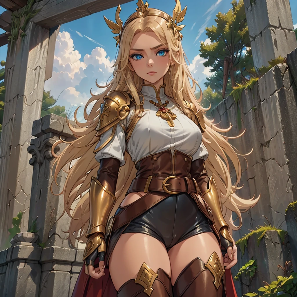 A full-body portrait of a young woman in anime style, with long, light blonde hair, framed by a white mantle adorned with golden details. She has intense blue eyes and wears a form-fitting blue armor with intricate engravings of leaves and flowers, and golden metal pieces covering her shoulders and arms. A dark brown leather belt with metallic buckles secures her armor at the waist. She wears brown leather boots, standing in a dynamic action pose. A cross-shaped pendant adorns her chest. The background features a blue sky with fluffy clouds, highlighting her majestic and noble appearance, visible from head to toe.