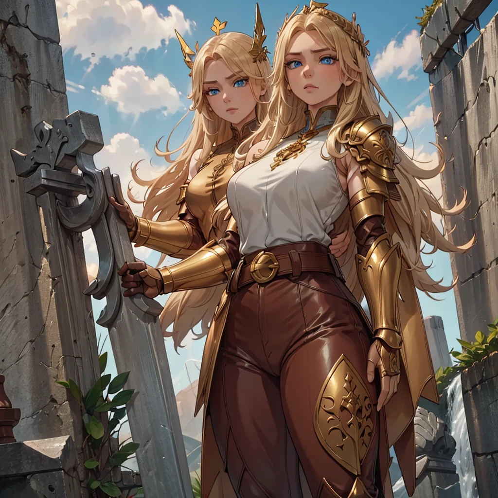 A full-body portrait of a young woman in anime style, with long, light blonde hair, framed by a white mantle adorned with golden details. She has intense blue eyes and wears a form-fitting blue armor with intricate engravings of leaves and flowers, and golden metal pieces covering her shoulders and arms. A dark brown leather belt with metallic buckles secures her armor at the waist. She wears brown leather boots, standing in a dynamic action pose. A cross-shaped pendant adorns her chest. The background features a blue sky with fluffy clouds, highlighting her majestic and noble appearance, visible from head to toe.