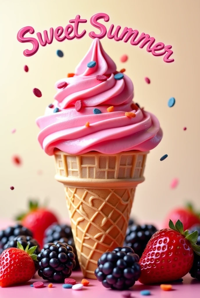 Create a pink, CIRCULAR scoop of ice cream, red fruit sauce and colorful chips, and below the ice cream a pointed cone 12cm long. Blackberry and strawberry fruits around the cone.
sunny background with name sweet summer