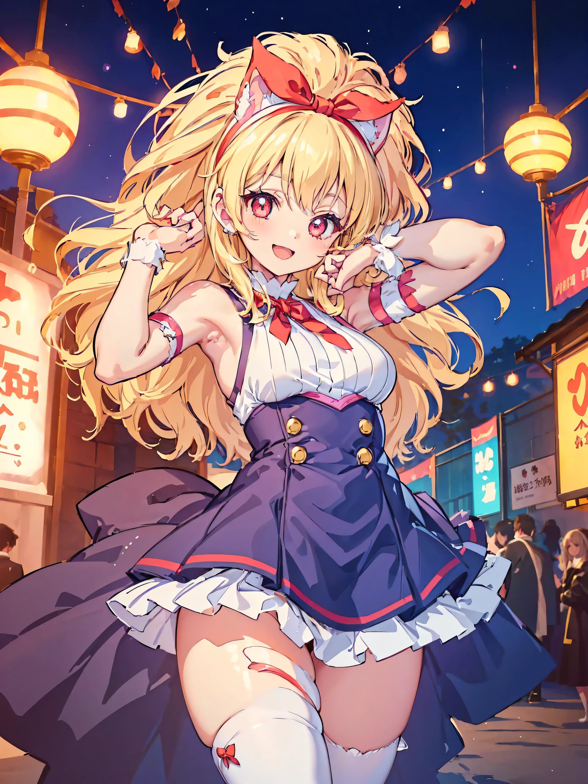 ,anime cg, highresolution, cute , smile, (RED Ribbon on HAIRband:1.2),(sfw:1.3), (1girl:1.5), (loli), (oppai loli), best quality, ultra-detailed, high resolution, (beautiful detailed eyes), (lovely big eyes), (perfect legs), (perfect anatomy:1.4), (beauty face), (kawaii), very shiny skin, very shiny hair,
reisalin stout, (loli), (oppai loli),
hairclip, hair ornament, red eyes, Blonde hair:1.6, bangs, jewelry,
(happy smile:1.3), (she is very having fun:1.3), thin very happy eyebrows, open mouth, blush,
(felicia cosplay:1.4), white thighhighs, animal hands, (armpits), cat tail,
(festival:1.3), wide shot, fantasy, 