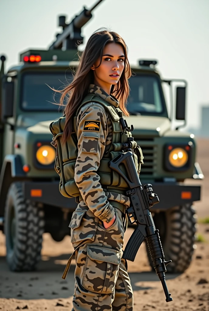 Alafed truck with gun on back, Afghan fighters, French special forces, heavily armed, Taliban, Kurdish soldiers, heavily armored, military vehicle, military weapons, military equipment, truck, camouflage, special forces security, modern military equipment, carrying rifle, gun mounted on shoulder, gun posing in front of truck A female soldier, ((masterpiece, highest quality, Highest image quality, High resolution, photorealistic, Raw photo, 8K)), ((Extremely detailed CG unified 8k wallpaper)), (huge stunning goddess shot, very hot and sexy, jaw-dropping beauty, perfect proportions, beautiful body, slim body beauty:1.4),