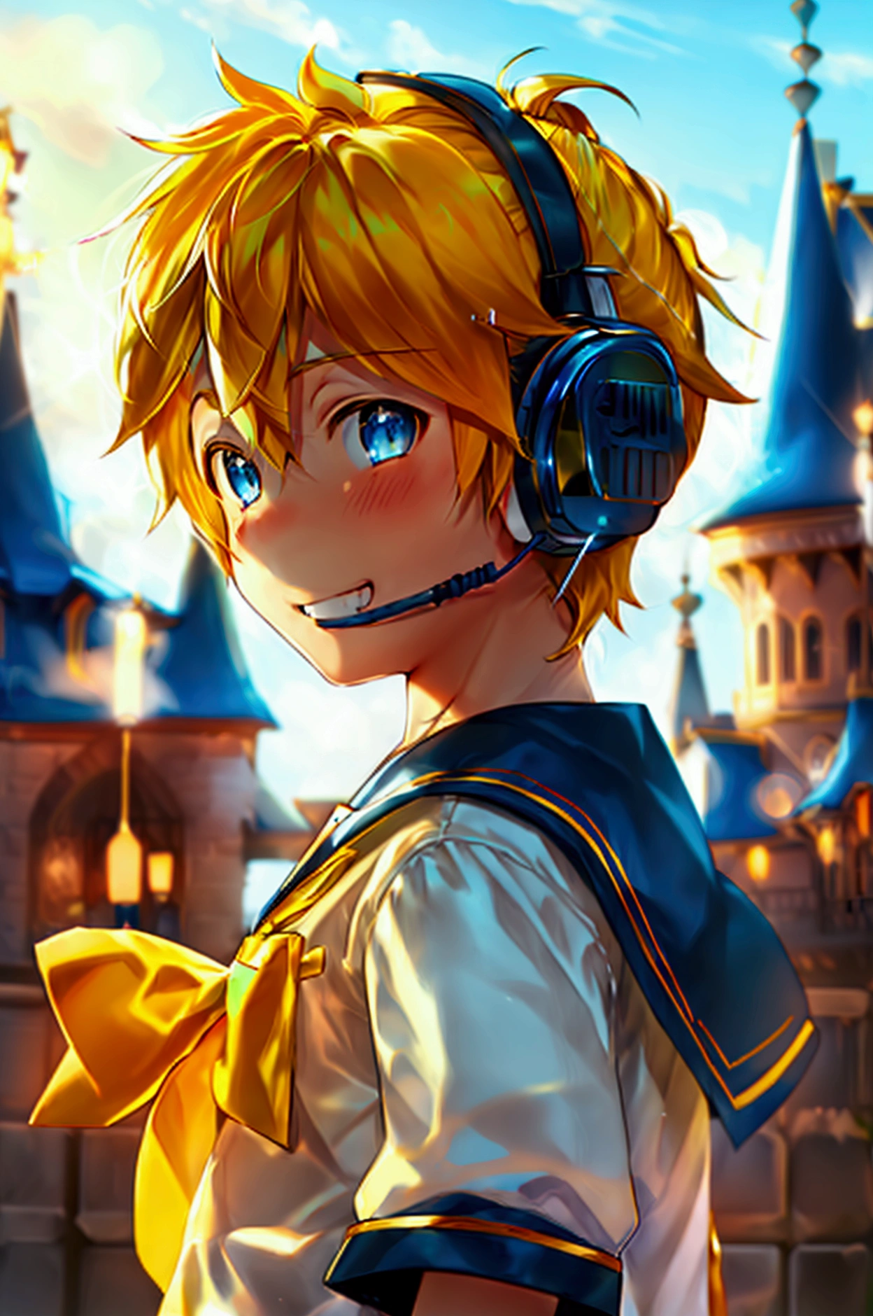 1 boy, (male child), 10 year old, (Kagamine Len), cowboy shot, earphone, sailor uniform, collar tie, shorts, grin, happily grin, full-face blushed, fantasy castle background