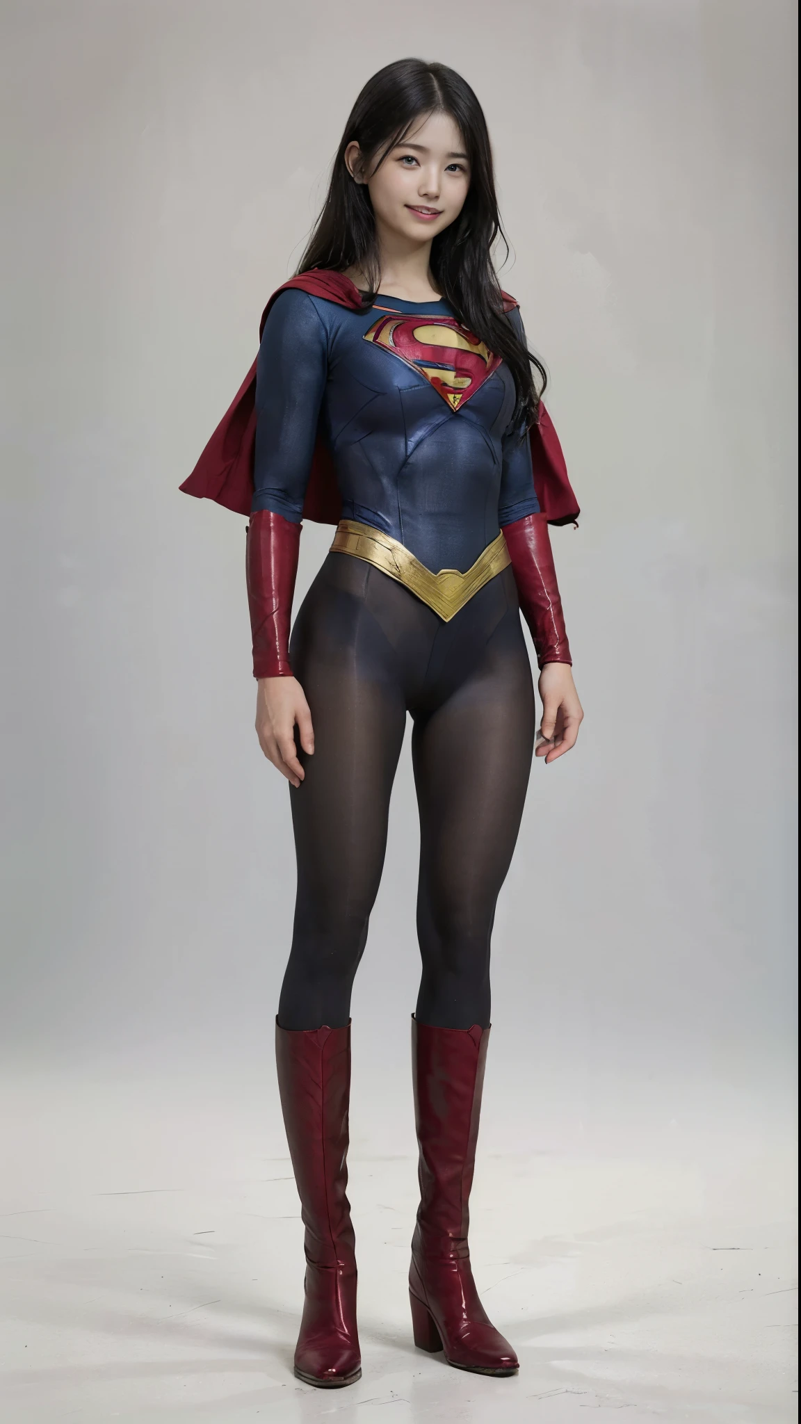 No background、(((Beautiful legs in black tights.)))、(((Legally express the beauty of your smile)))、((((Make the most of your original images)))、(((Supergirl Costume)))、(((Beautiful Hair)))、(((suffering)))、(((Please wear black tights....、Wear red boots)))、((Best image quality、8k))、((Highest quality、8k、masterpiece:1.3))、(((Preserve background )))、Sharp focus:1.2、Beautiful woman with perfect figure:1.4、Slim Abs:1.2、Wet body:1.5、Highly detailed face and skin texture、8k