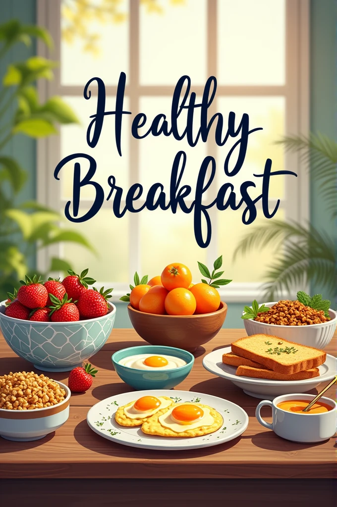 A book cover containing 10 recipes for a healthy breakfast. It must contain a title. The illustration must be of a table filled with healthy foods. It cannot contain people in the image.