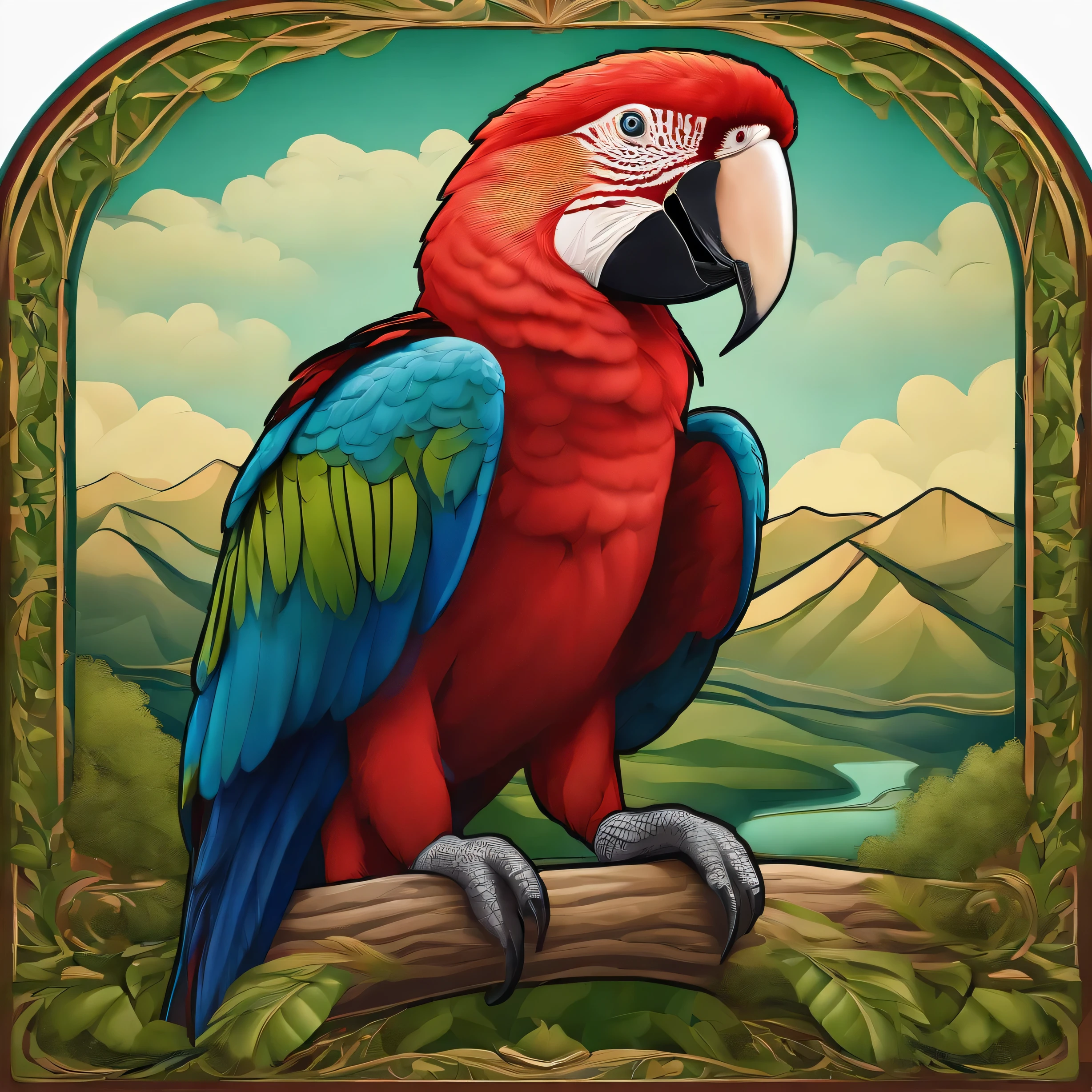 (high quality), Round logo, green mountain in art nouveau style, crimson macaw, smoothed edge, realistic blue clouds