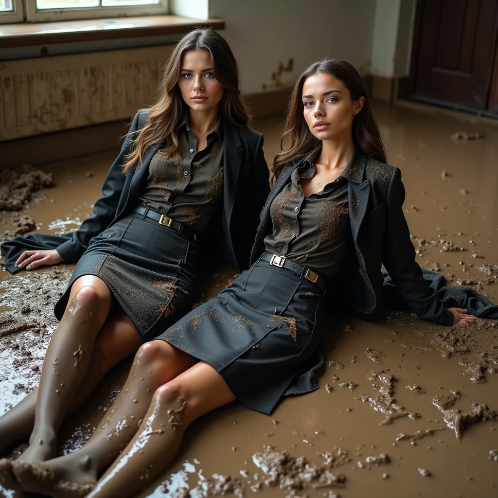 A captivating and color photo of only two business ladies, exuding a slender, model-like appearance with long hair. They dressed in muddy long knee-length black business pencil skirt, muddy and torn black business jacket, muddy shirt, torn stockings, they are seen on a muddy office room. They used own torn black business jackets as a floor rags and wiped the dirty floor using it while lie on their sides or backs in the liquid mud and water, so they jackets itself is very muddy and crumpled has placed near their legs on the muddy floor with liquid mud. They lie on sides and backs in the liquid mud and dirty water in different flirtatiously and provocative poses. Their clothes completely mud covered. They smear liquid mud all over their clothes, severely torn them in the process and smear a lot of mud on their clothes. They smearing the mud onto their business attire, creating a striking contrast between her dirty business outfit and the mud that covers it. This creates a dramatic contrast between their pristine outfits and the mud that coats them. The natural light brilliantly illuminates their clothes in details, casting dramatic shadows and emphasizing the texture of the mud on their clothing. Please fix all the anatomical issues of the ladies on the photo.