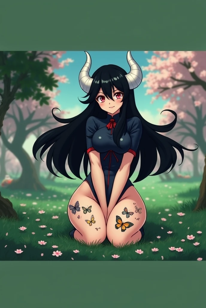 Anime mommy with black hair and white horns and sexy outfit, with red eyes And a naughty face Also put butterfly tattoo on your thighs