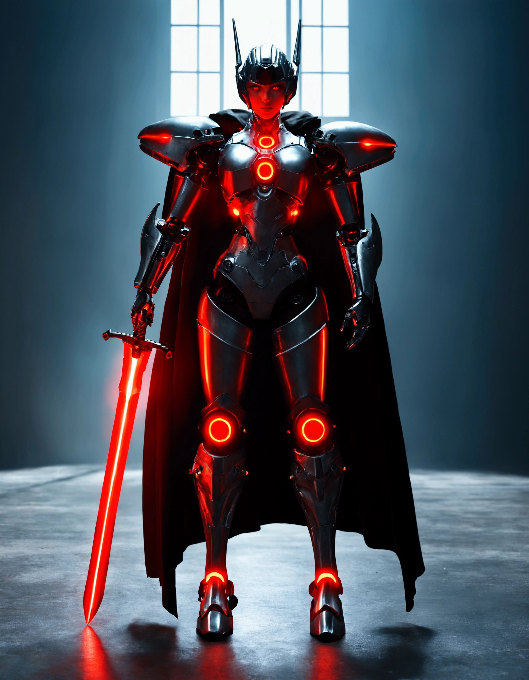 Image depicts a futuristic, armored robot standing in a grand, industrial-style hall with high ceilings and large windows. The robot is predominantly metallic silver with glowing red accents and intricate detailing. It has a humanoid form with a helmet featuring sharp, angular designs and glowing red eyes. The robot holds a large, glowing red sword in its right hand, and a red cape drapes from its shoulders. The background shows a spacious, dimly lit hall with a reflective floor and industrial elements, creating a dramatic and intense atmosphere., anime, Gothic art, anatomically correct, super detail, high details, highres, 4K