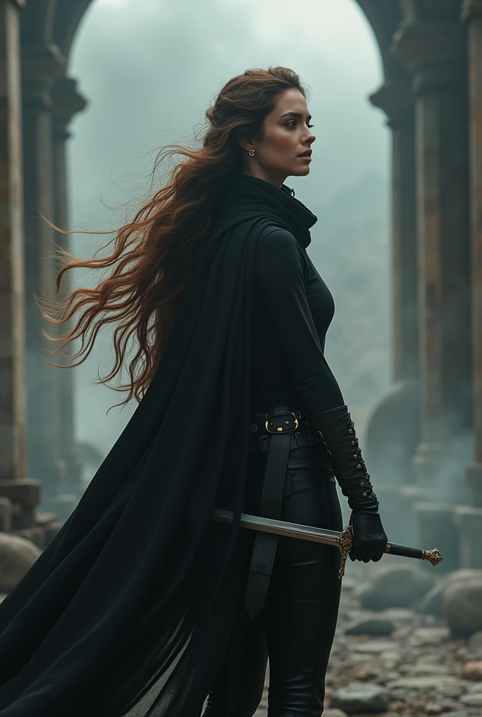 a beautiful woman with long brown hair, wearing a black shirt, black pants, and a black scarf, with a sword at her waist, highly detailed, photorealistic, 8k, hyperrealistic, masterpiece, cinematic lighting, realistic skin texture, volumetric fog, epic fantasy scene, dramatic angle, dramatic lighting