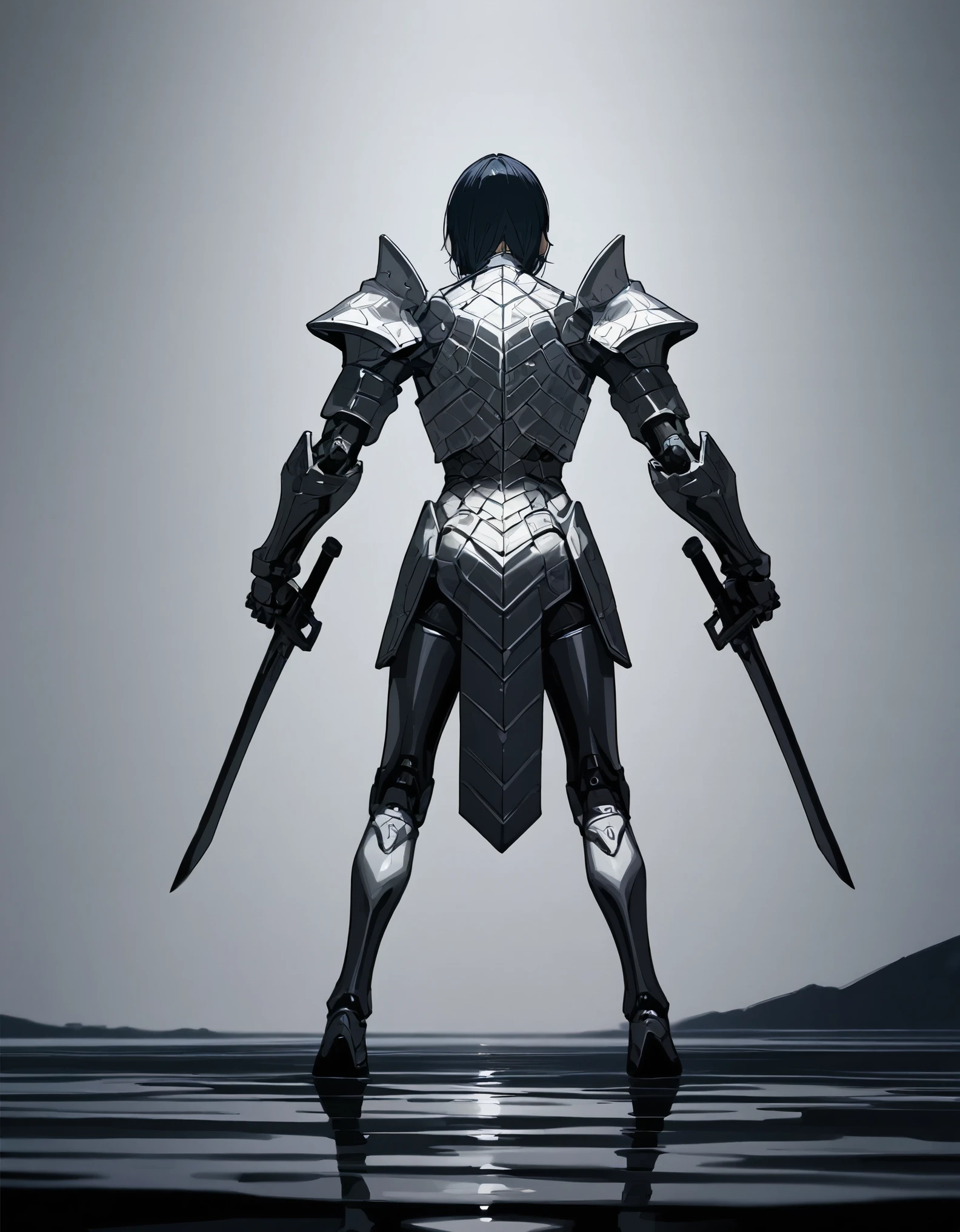 Digital fantasy artwork featuring a person in black, reflective armor holding a sword over their shoulder. The person has short, dark hair and is facing sideways, with their face partially visible. Behind them is a large, translucent dragon with a shimmering, iridescent body that reflects various colors. The background is a clear blue sky, adding contrast to the vibrant and metallic elements of the dragon and armor. The image is highly detailed, with a focus on the textures and reflections of the materials.highly detailed, anatomically correct, and award-winning style reminiscent of an anime masterpiece.