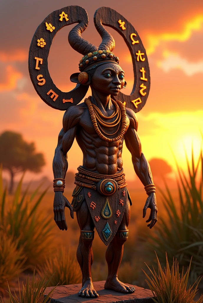 Create an animated image of Esu Orisha, very African in wood