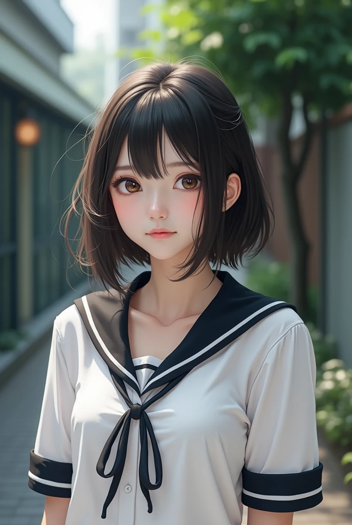 Realistic glowing skin, (sweating:1.4),Stand backwards,Look back at your face,Always look at the camera, (When the uniform gets wet with sweat, it becomes transparent..:1.4),
Classic black and white sailor uniform,Summer clothes,Cold look,Cold Stare,Black Hair,short hair,Tie your hair short,Silky translucent white skin,best Realistic depiction,(Very detailed美しい顔), Great face and eyes, (Highest quality:1.4), (Very detailedな), (Very detailed CG 統合 8k 壁紙), Very detailed, High resolution raw color photos, Professional photography, Realistic portrait,
 (Detailed RAW photos of the girl&#39;s whole body), Canon EOS R5 250mm, Sharp focus, Cinema Lighting,  (No makeup:1.2), Fine skin, Delicate collarbone,Fine texture of the sailor uniform,Very Realistic sailor uniform texture,(Ultra-high resolution:1.6), (Realistic:1.6), 