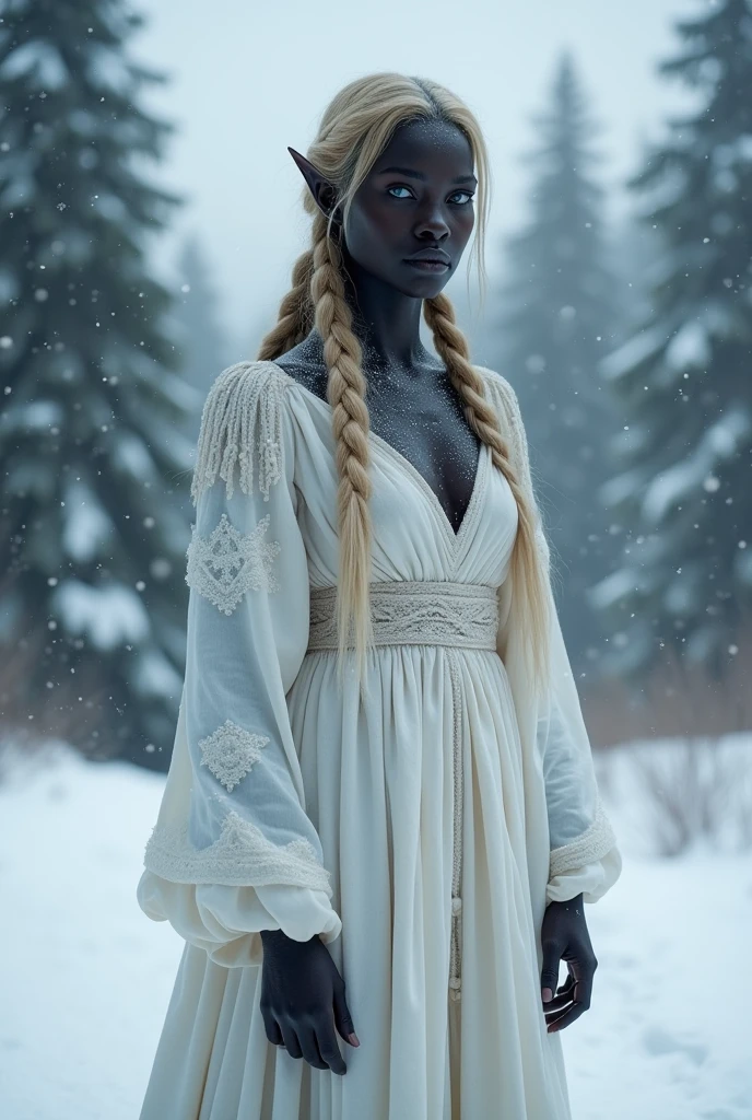 (Realistic:1.2), Analog Photography Style, Scandinavian warrior woman,dark skin,pitchblack skin tone,dark elf, fantastic snowy setting, braided blond hair, whole body, Soft natural light, Cute and sexy, Pleasure, detailed face and blue eyes, Great quality, masterpiece, detailed northern background, Quality: 16K, raw photo,european face structure,european nose shape,shiny skin,white dress,wonderful blond hair,covered breasts