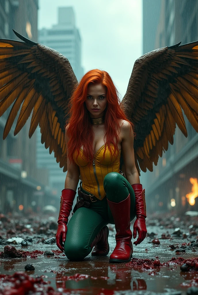 Adriana Lima beneath the mantle of the Thanagarian warrior Shayera Holl, alias Hawkgirl, kneels, screaming in exhaustion after a battle, blood around her in an apocalyptic, rain-soaked city. Long red hair, immense brown hawk wings protruding from her back, a yellow corset with green pants and red boots with red gloves. Justice League, DC Universe. Bloody and terrifying images. DC Universe logo.