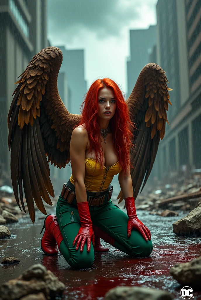 Adriana Lima beneath the mantle of the Thanagarian warrior Shayera Holl, alias Hawkgirl, kneels, screaming in exhaustion after a battle, blood around her in an apocalyptic, rain-soaked city. Long red hair, immense brown hawk wings protruding from her back, a yellow corset with green pants and red boots with red gloves. Justice League, DC Universe. Bloody and terrifying images. DC Universe logo. 