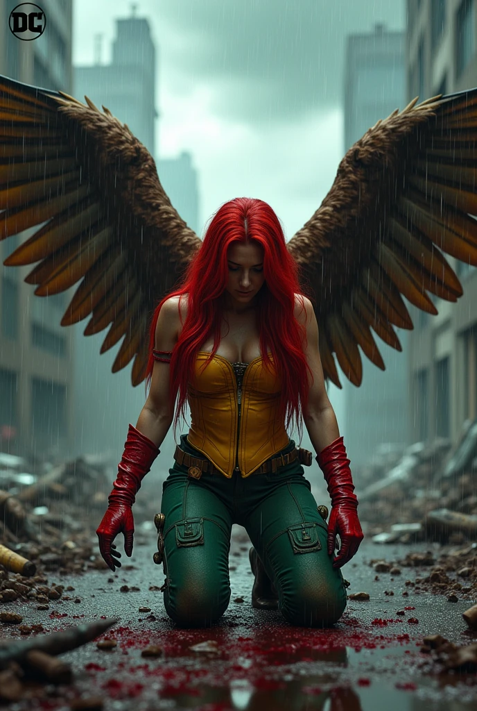 Adriana Lima beneath the mantle of the Thanagarian warrior Shayera Holl, alias Hawkgirl, kneels, screaming in exhaustion after a battle, blood around her in an apocalyptic, rain-soaked city. Long red hair, immense brown hawk wings protruding from her back, a yellow corset with green pants and red boots with red gloves. Justice League, DC Universe. Bloody and terrifying images. DC Universe logo. 