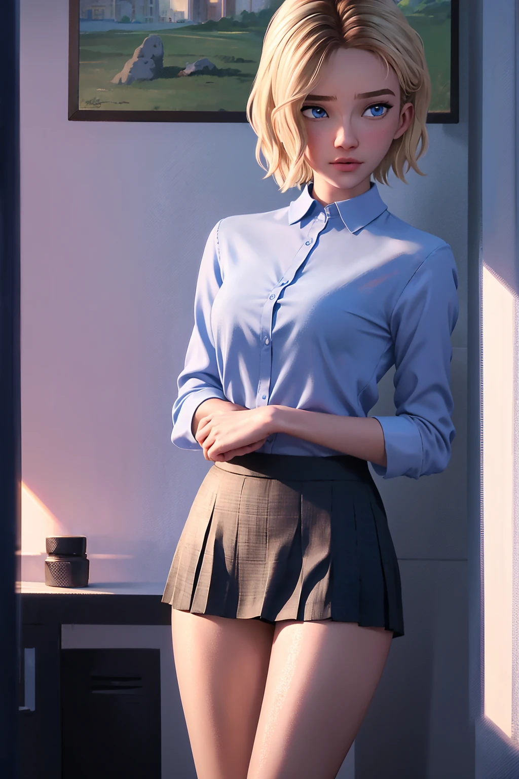 (Best Quality, Masterpiece),sexy, erotic, 1girl, solo, 1 girl, solo, 18 years old, Contempt, pride, short hair, blue eyes, looking at viewer, warm light, standing, small breasts, smirk, sexy, short pleated skirt, unbuttoned collared shirt, breasts visible, open shirt,