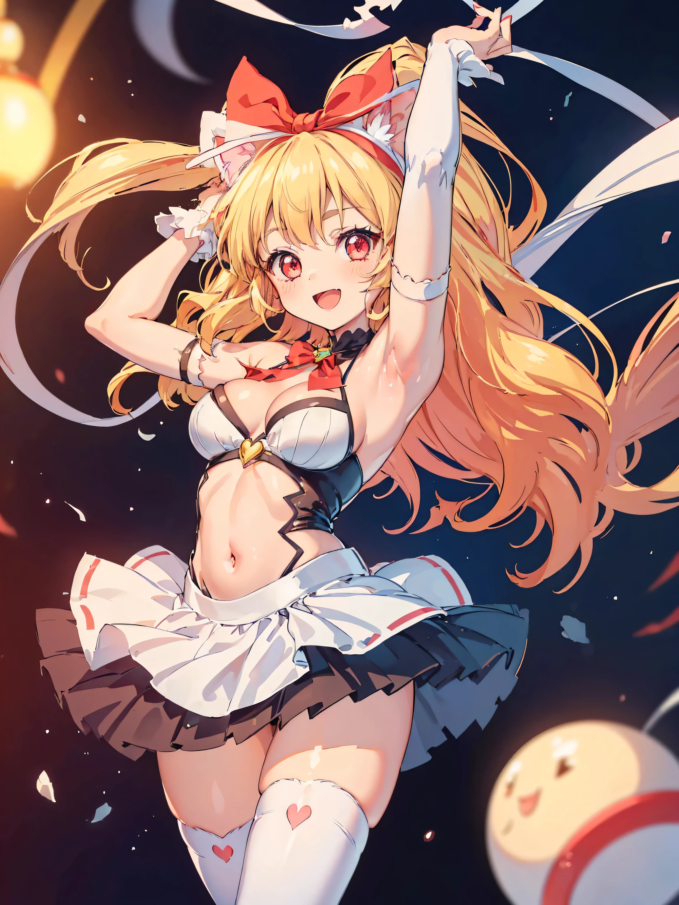 ,anime cg, highresolution, cute , smile, (RED Ribbon on HAIRband:1.2),(sfw:1.3), (1girl:1.5), (), (oppai loliest quality, ultra-detailed, high resolution, (beautiful detailed eyes), (lovely big eyes), (perfect legs), (perfect anatomy:1.4), (beauty face), (kawaii), very shiny skin, very shiny hair,
reisalin stout, (loli), (i loli),
hairc hair ornament, red eyes, Blonde hair:1.6, bangs, jewelry,
(happy smile:1.3), (she is very having fun:1.3), thin very happy eyebrows, open mouth, blush,
(felicia cosplay:1.4), white thighhighs, animal hands, (armpits), cat tail,
(festival:1.3), wide shot, fantasy,