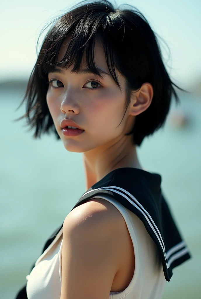 Realistic glowing skin, (sweating:1.4),Stand backwards,Look back at your face,Always look at the camera, (When the uniform gets wet with sweat, it becomes transparent..:1.4),
Classic black and white sailor uniform,Summer clothes,Cold look,Cold Stare,Black Hair,short hair,Tie your hair short,Silky translucent white skin,best Realistic depiction,(Very detailed美しい顔), Great face and eyes, (Highest quality:1.4), (Very detailedな), (Very detailed CG 統合 8k 壁紙), Very detailed, High resolution raw color photos, Professional photography, Realistic portrait,
 (Detailed RAW photos of the girl&#39;s whole body), Canon EOS R5 250mm, Sharp focus, Cinema Lighting,  (No makeup:1.2), Fine skin, Delicate collarbone,Fine texture of the sailor uniform,Very Realistic sailor uniform texture,(Ultra-high resolution:1.6), (Realistic:1.6), 
