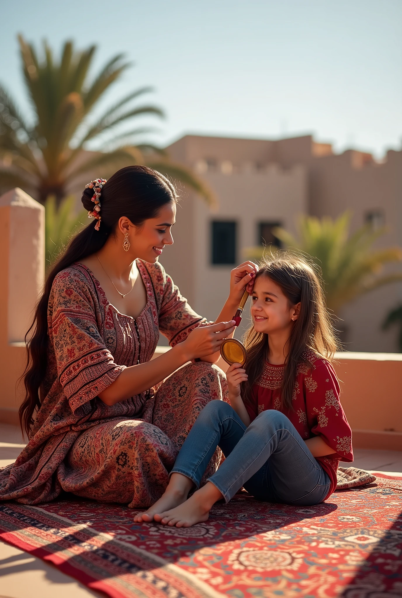 La belle femme arabe peigne les cheveux de sa fille avec un peigne sur le toit de la maison. Elle porte une robe  marocaine  . Une fille assise sur un tapis marocain portant un jean  et Pieds nus  et portant un petit miroir. voir son visage 