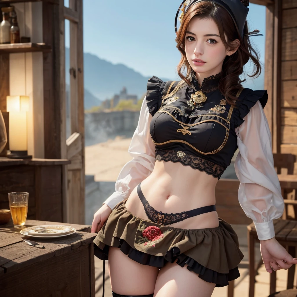 Anne Hathaway，steampunk, steampunkのロングスカート,Golden Hair， Blue colored eyes，Frills、Frills、very cute, (Perfect Eyes:1.1),Beautiful woman,One female,(Short one-curl hair), Steam powered machinery , gear , goggles, Realistic, Realistic characters,複雑なsteampunkgearの背景,intricate embroidery、It's full of cute flower embroidery.、 Hyper Photorealism, very high contrast photo, Cinematic lighting, Dramatic lighting, Perfectly detailed face, 18 years old,Carl Zeiss 85mmF/1.4,Bokeh ball, sexy, Full body shot Ultra Detail、 超A high resolution、E-cup bust,Beautiful breasts, Brown lace bra and lace panty, Lifting her skirt to show it off,Show the skirt,Show your underwear、Black garter belt、ガーターベルトがsexy、ガーターベルトのFrillsが可愛い