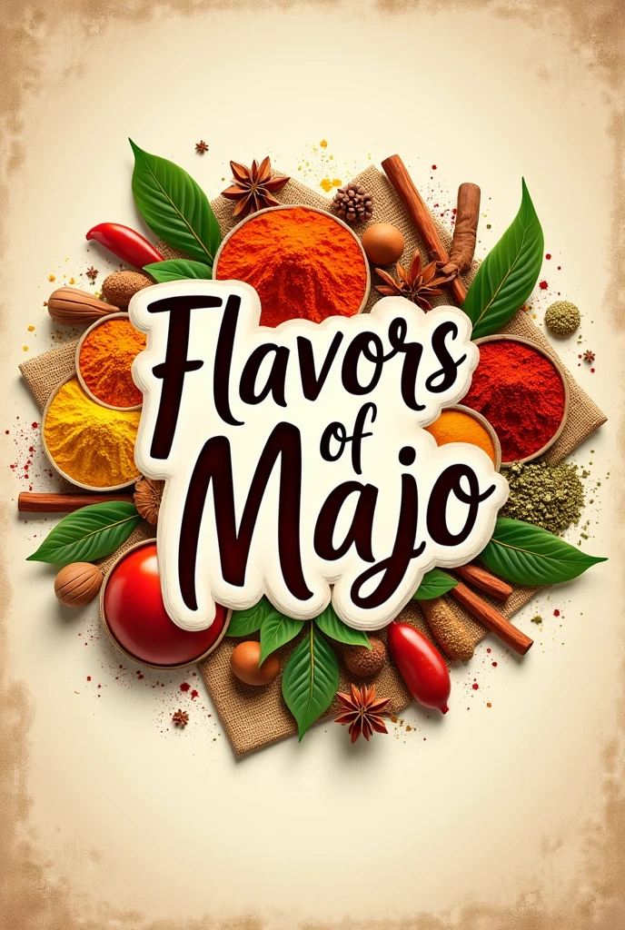 A logo, that has the title 'Flavors of majo'. Must have a reference to spices, homemade food