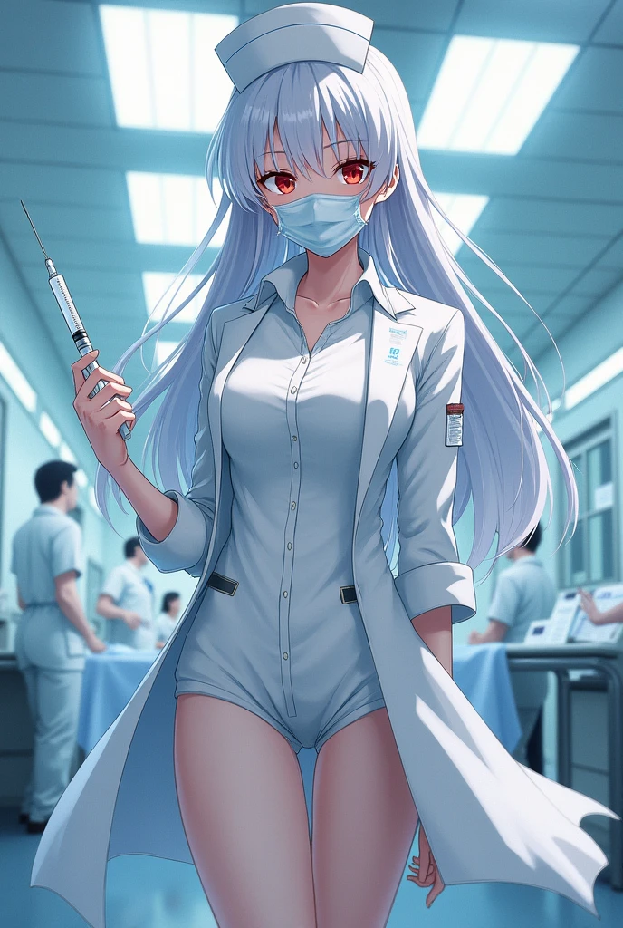 Sora is a tall woman, De pele clara, red eyes and long white hair that reaches mid-thigh. She wears a white blouse, White coat, white pants and white boots. She stands with a grim expression in a nursing station at a hospital., well she's a nurse and she's wearing a mask holding an anesthetic. anime-style artwork